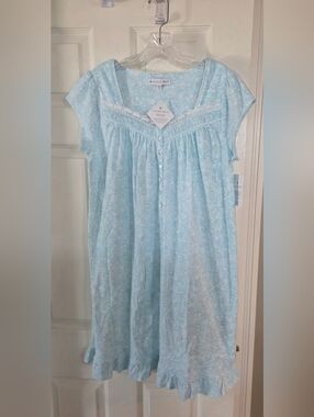 NWT Eileen West Aqua Light Teal Floral Short-Sleeve Nightgown 100% Cotton Small